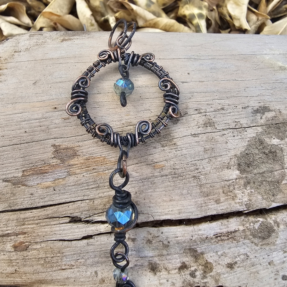 Wire wrapped Copper Blue Crystal Wreath Pendant